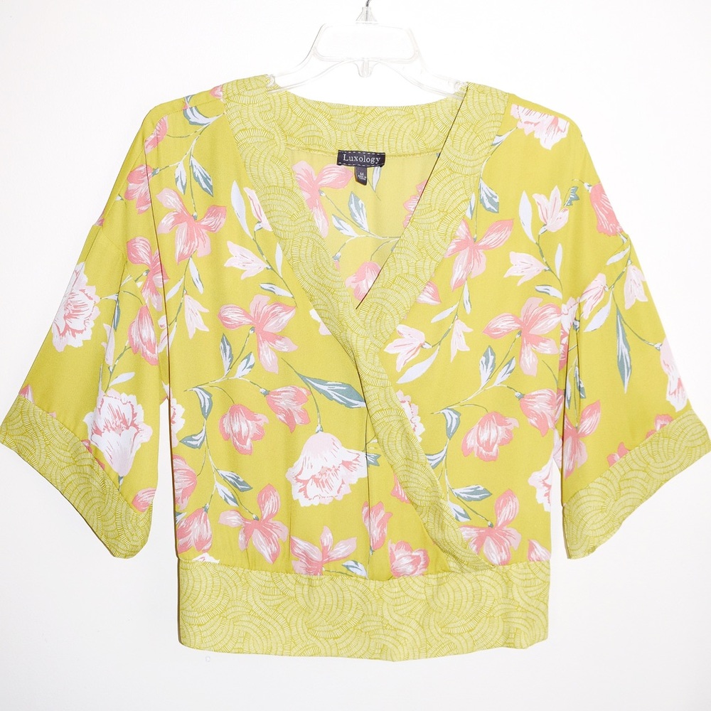 Luxology Lime Floral Print Boho Faux Wrap Blouse